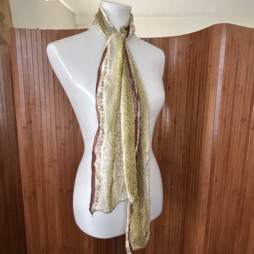 Vintage Olive and Brown Chiffon Silk Scarf Animal Print Pattern